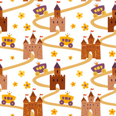 Seamless pattern with repeating palace, castle, tower, princess carriage. Children's illustration.