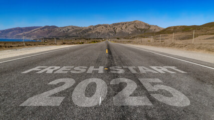 Fresh Start 2025 written on highway road to the mountain