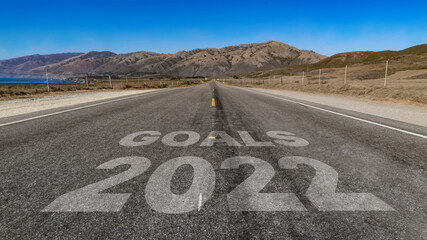 Goals 2022 written on highway road to the mountain