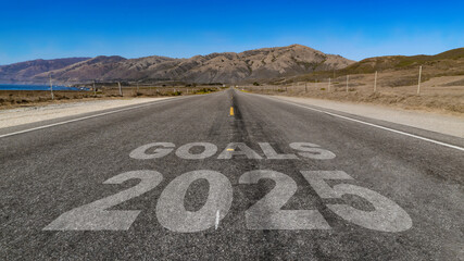 Goals 2025 written on highway road to the mountain
