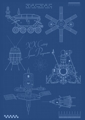 Retro Spacecraft Sketches Old Soviet Space Program Blueprints Engineering Drawings 