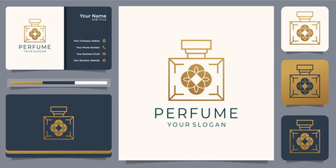 Luxury perfume logo golden design template with business card. premium vector