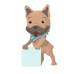 Cute cartoon french bulldog vector isolated on white background. Adotable puppy in a striped kerchief. Dog stands on its hind legs and leans on an empty cube.