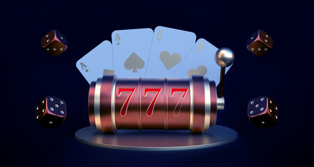 Lucky seven 777 slot machine, playing cards, casino roulette and dice. Vegas casino game. Chance of good luck in gambling. 3d rendering.