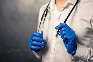 Doctor nurse patient personal protective equipment. Healthcare concept. Man wear white shirt, blue...