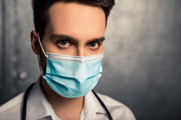 Doctor nurse patient personal protective equipment. Healthcare concept. Man wear white shirt, blue...