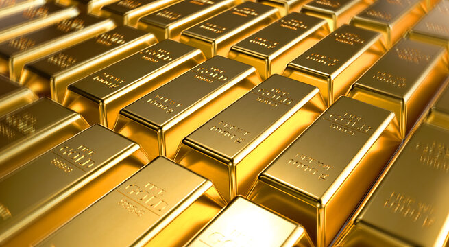 Gold ingot close up. Gold bars, the weight of a gold bar is 1000 grams. Wealth and reserve concept. Business and finance success concept. 3d rendering.