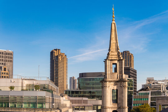 View of the Skyline of London with Barbican center brutal architecture