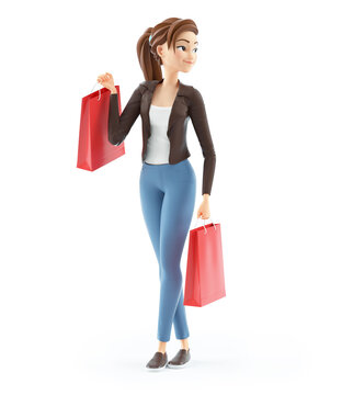 3d cartoon woman with shopping bags
