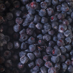 Background of blue frozen blueberries, cold ice berries