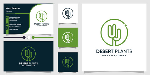 Desert plants logo with creative line art style and business card template Premium Vector