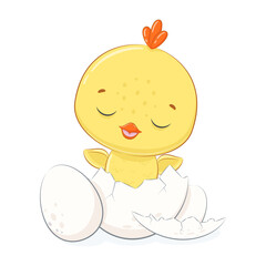 Happy Easter. Cute chick with eggs. Vector illustration.