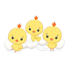 Happy Easter. Cute chicks with eggs. Vector illustration.