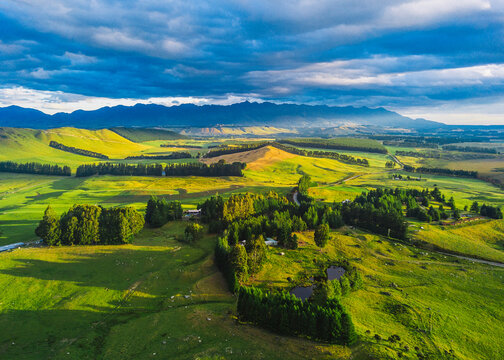 Evening aerial view of Southland, New Zealand