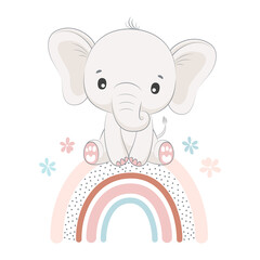 Cute baby elephant sitting on a rainbow. Vector illustration.
