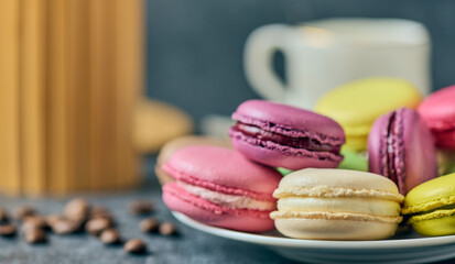 French macaroons, parisian dessert, sweet food and cake, pastry, bakery and branding concept, shallow depth of sharpness