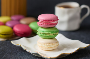 Parisian dessert, fresh macaroons, sweet food, bakery and branding concept, shallow depth of sharpness
