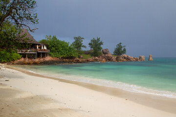 Tropical beach with granite rocks on Praslin, Seychelles.