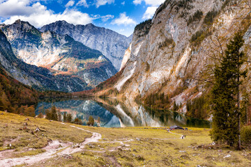 Obersee with the famous east face of the Watzmann in the background in Berchtesgadener Land, Bavaria, Germany.