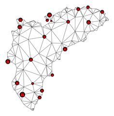 Polygonal mesh lockdown map of Alicante Province. Abstract mesh lines and locks form map of Alicante Province. Vector wire frame 2D polygonal line network in black color with red locks.