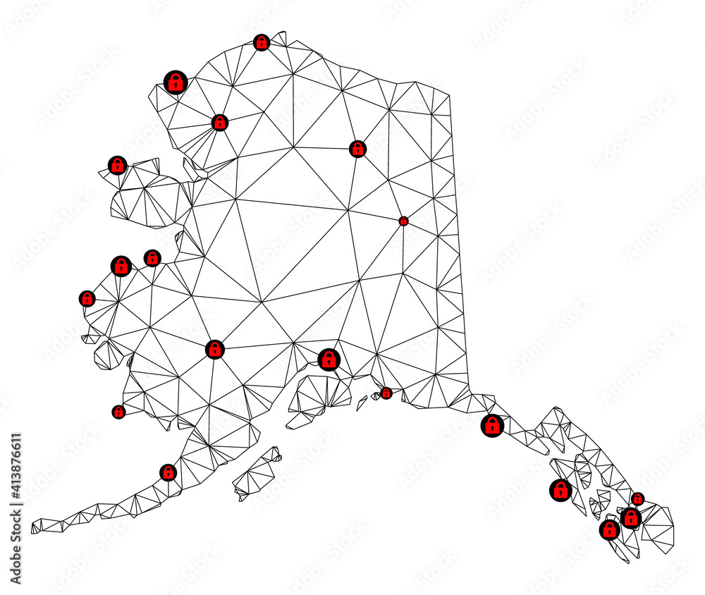 Poster polygonal mesh lockdown map of alaska state. abstract mesh lines and locks form map of alaska state.