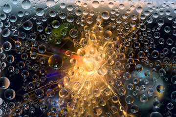 Multicolored spheres are illuminated by a flash of light and are located against a black background...