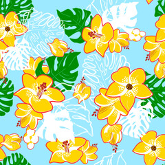 Modern abstract yellow flowers and green and white monstera leaves endless wallpaper.Floral seamless pattern.Botanical background.Trendy fabric design,wrapping paper.Vector illustration.