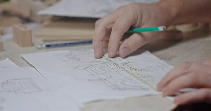 The draftsman measures the dimensions of a drawing part to make this part from natural wood in his own workshop. Close up