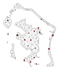 Polygonal mesh lockdown map of Bora-Bora. Abstract mesh lines and locks form map of Bora-Bora. Vector wire frame 2D polygonal line network in black color with red locks. - obrazy, fototapety, plakaty