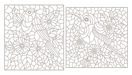 Set of contour illustrations in stained glass style with cute birds and flowers, dark outlines on a white background, rectangular images