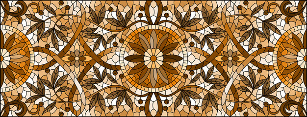 Illustration in stained glass style with abstract flowers, swirls and leaves  on a light background,horizontal orientation, sepia - obrazy, fototapety, plakaty