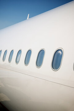 Windows of a passenger plane ready to take off.