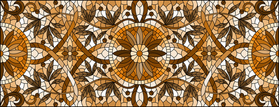 Illustration in stained glass style with abstract flowers, swirls and leaves  on a light background,horizontal orientation, sepia