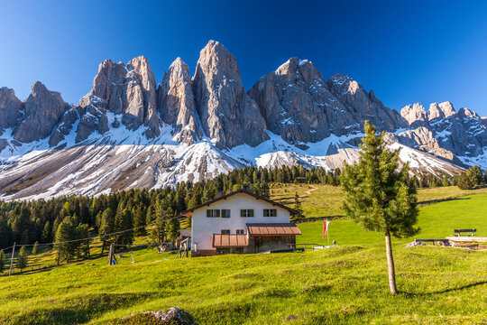 Glatschalm refuge at Odle feet, Dolomites, Funes, South Tyrol