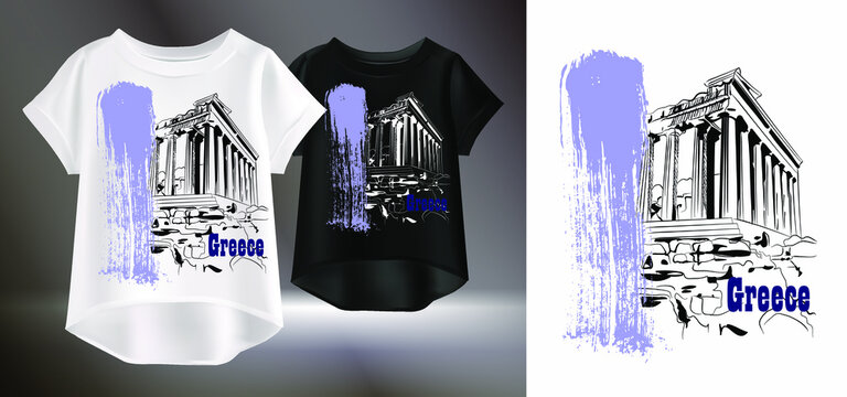 Fashionable print for a T-shirt. Vector illustration of white and black womens t-shirts. Isolated image of women's clothing. Drawing of Greek architecture on a T-shirt.