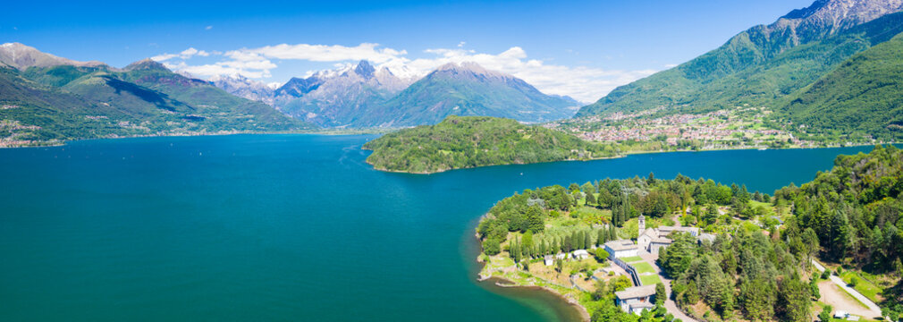 Aerial panoramic of Piona Abbey, Lake Como, Lombardy, Italy