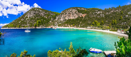 Best beaches of Skopelos island - Limnonari with amazing bay and turquoise sea. Sporades islands of Greece