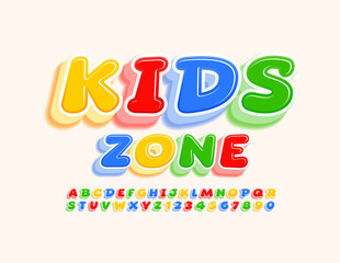 Vector playful sign Kids Zone. Colorful creative Font. Funny bright Alphabet Letters and Numbers set
