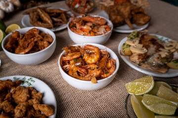 Shrimp, seadfoof to restaurants. Fried frish. 