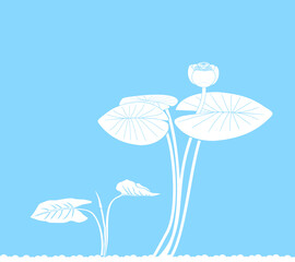 White silhouette of water-lily plant with leaves and flower on blue background
