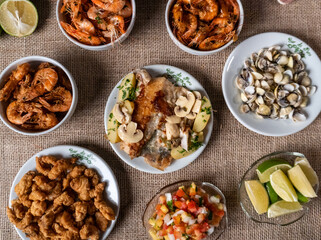 Shrimp, seadfoof to restaurants. Fried frish. 