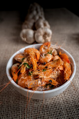 Shrimp, seadfoof to restaurants. Fried frish. 