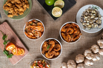 Shrimp, seadfoof to restaurants. Fried frish. 