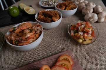 Shrimp, seadfoof to restaurants. Fried frish. 