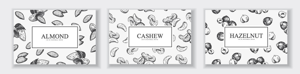 Cards with different nuts, almond, cashew, hazelnut.