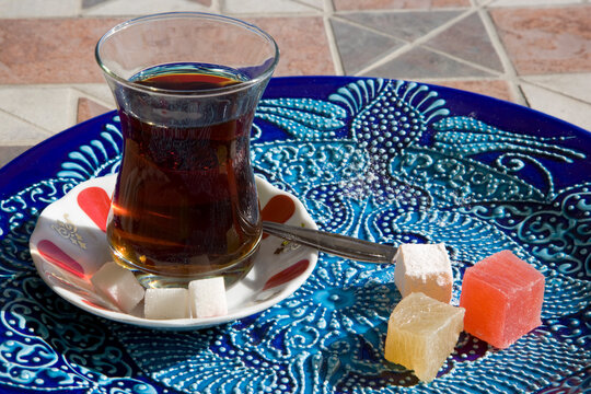 A glass of Turkish Tea and Turkish Delight or Loukoum. Istanbul, Turke