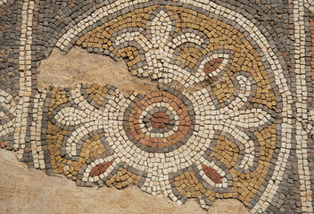 Detail of antique mosaic in Shoham Forest Park. Israel.