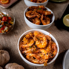 Shrimp, seadfoof to restaurants. Fried frish. 