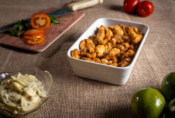 Shrimp, seadfoof to restaurants. Fried frish. 