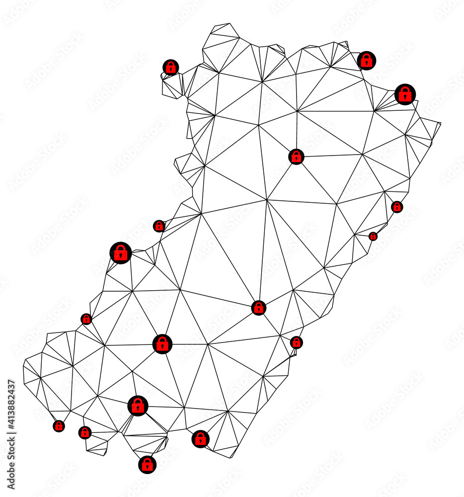 Poster polygonal mesh lockdown map of castellon province. abstract mesh lines and locks form map of castell